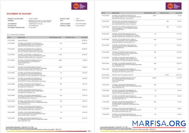 Downloadable India AU Small Finance Bank statement of account word 2 pages template